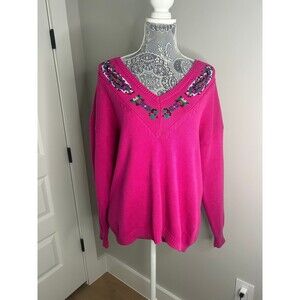 Vintage Womens Cambridge Dry Goods Sweater Size Medium M V Neck Pink Floral